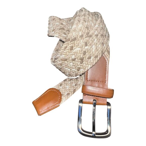 JOSEPH A BANKS MENS BELT Sz 54-56 BROWN MULTI WOVEN STRETCH KNIT LEATHER TRIM - Picture 1 of 7